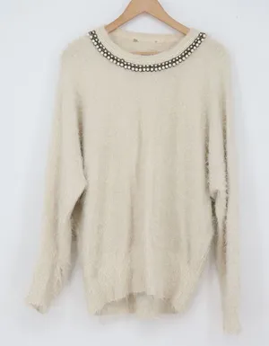 Black Rivet Sweater Womens XL Cream Eyelash Knit Pearl Beaded Neckline Good thumbnail 1