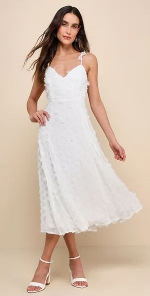 NWT Lulus Darling Flirtation White 3D Floral Applique Tie-Back Midi Dress Sz S thumbnail 1