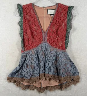 Alexis Womens XS Peplum Lace Top Colorblock V-Neck Ruffle Sleeveless Red Blue thumbnail 1