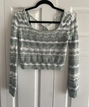 Aqua‎ Blues Pointelle Knit Striped Crop Sweater Womens Size M Sage Green Cotton thumbnail 1