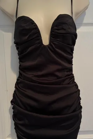 Oh Polly Black Ruched Bodycon Mini Dress NWT UK 8 US 4 Date Night Club Goth thumbnail 1