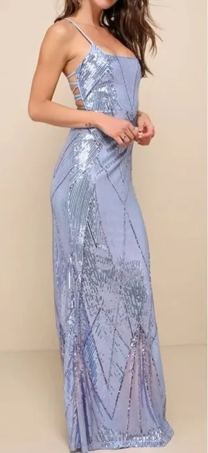 Lulus Flawless Glow Periwinkle Iridescent Sequin Lace-Up Maxi Dress Sz. S thumbnail 1