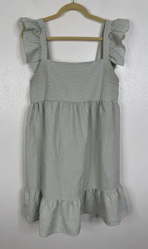 Ces Femme Green White Striped Seersucker Ruffle Babydoll Mini Dress Large thumbnail 1