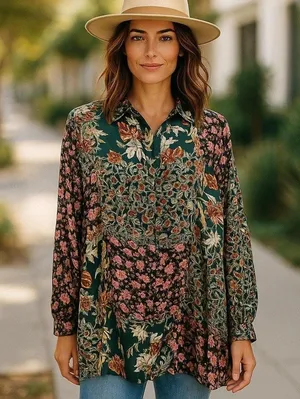 Vintage Women Floral Patchwork Blouse m Size L thumbnail 1