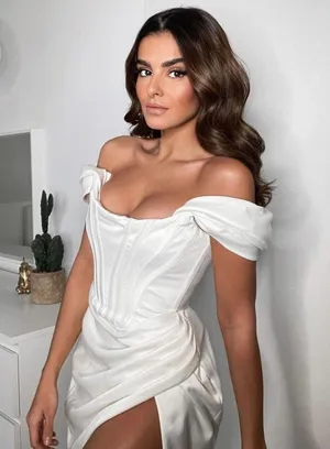 House Of CB Loretta Ivory Satin off the shoulder dress thumbnail 1