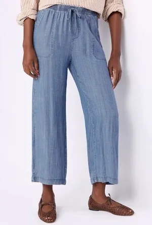 Club Z Collection Women's Wide Leg Pant Chambray Blue Pull On 100% Tencel thumbnail 1