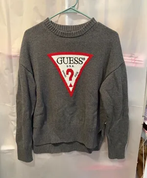 Guess Jeans Gray Crewneck Sweater with Logo Patch XS thumbnail 1