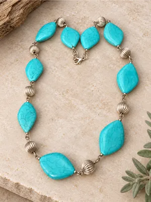 Southwestern Faux Turquoise Statement Necklace w/ Silver Accents PRETTY thumbnail 2