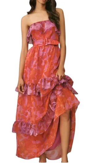 Anthropologie Strapless Tiered Maxi Dress Pink Orange Floral Ruffle Belted XL thumbnail 1