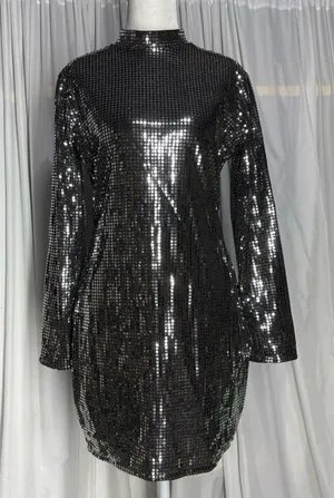 Black/Silver Sequin Mini Dress With Turtleneck Collar And Zipper Closure Size M thumbnail 1