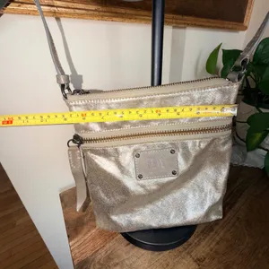 Frye Crossbody Bag Women Small Gold Metallic Canvas Leather Trim Industrial Glam thumbnail 4