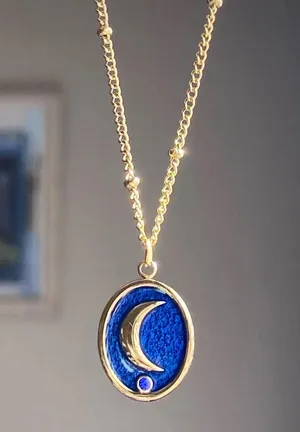 Handmade gold stainless steel blue celestial whimsical chic moon necklace🌟 thumbnail 1
