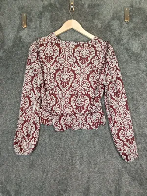 Anthropologie Jacquard Peasant Blouse Burgundy Sheer Ballon Sleeves Boho thumbnail 6