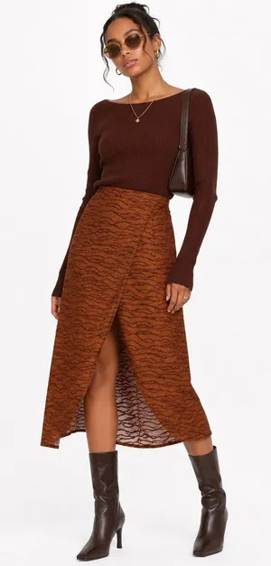 Zara Faux Wrap Wavy Abstract Textured Jacquard Midi Skirt Brown Fall Earthy Sz L thumbnail 1