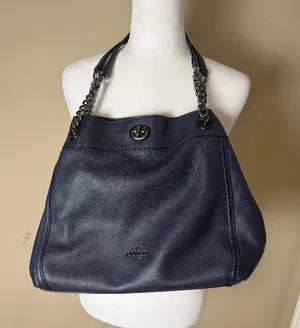 Coach Turnlock Edie Shoulder Bag Navy Pebbled Leather with Chain Link Straps thumbnail 1
