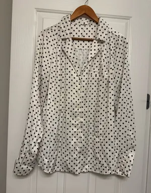 Free People White Black Polka Dot Button Down Blouse Top Extra Large XL thumbnail 1