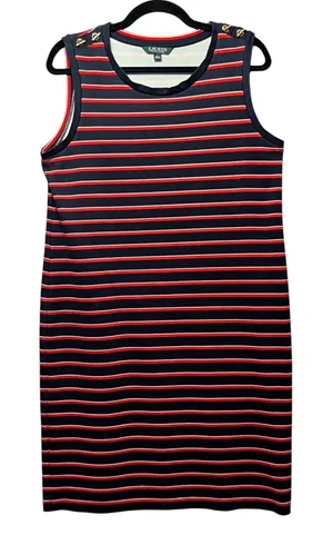 Lauren Ralph Lauren Striped Knit Tank Dress Sleeveless‎ Casual Red White Blue L thumbnail 1