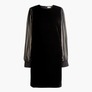 NWT JCrew Black Velvet mini dress sheer sleeves 6 tear above pocket needs repair thumbnail 4