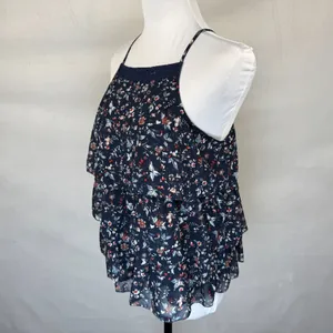 Abercrombie & Fitch Tank Sz S Navy Sheer Floral Ruffled Lace Trim Racerback thumbnail 3