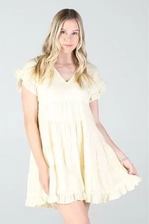 Angie womens Swiss‎ Dot pale yellow tiered baby doll flowy dress sz S thumbnail 1