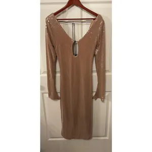 NWOT Meilun Deep V Dress Drawstring Long Sleeve Sequin Dress Long Gown, sz M thumbnail 8