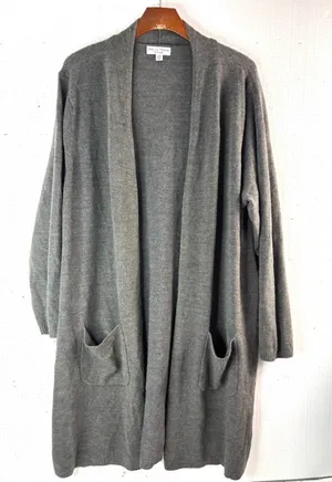 Rebecca Malone 2X Knit Open Front Long Pocketed Gray Cardigan Sweater thumbnail 1