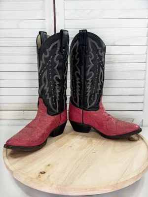 Vintage Dan Post Ostrich Leather Stitched Upper Cowgirl Boots Pink Black‎ 7.5 thumbnail 6