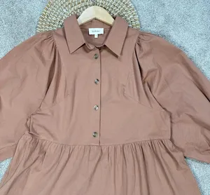 Bohme Makayla Mini Dress Smocked Balloon Sleeve Button Ruffle Tiered in Clay S thumbnail 3
