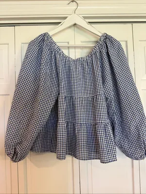 Old Navy blue gingham cotton tiered swing blouse small thumbnail 5