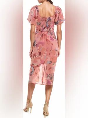 Socialite Pink Floral Ruched Puff Sleeve Midi Dress Size XS thumbnail 2