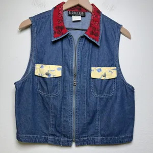 VTG Signature by Jerell Women Cotton Denim Vest Large Blue Floral‎ Cottage Boho thumbnail 1
