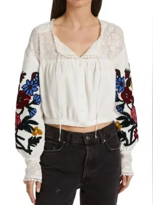 Free People Peasant Lace Embroidery Crop Top Coquette‎ Blouse Crop Pirate Boho thumbnail 1