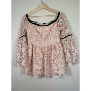 Boston Proper Pink Lace Off the Shoulder Bell Sleeve‎ Top Pom Pom Trim Size 10 thumbnail 4