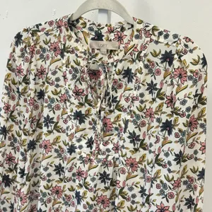 LOFT Petites Floral Split Neck Tie Blouse White Pink Blue Long Sleeve SP thumbnail 3