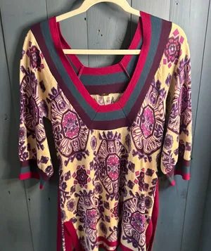 Free People Multicolor Patterned Belted Sweater | Size Medium thumbnail 1