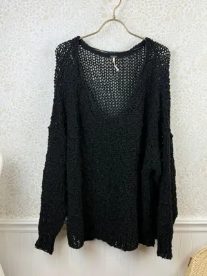 Free People Black Oversized Knit Sunday Shore Pullover - Size - Medium thumbnail 3