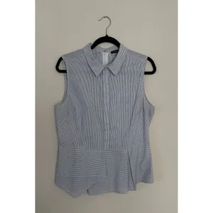 Antonio Melani Blouse Size L Blue and Navy Striped Asymmetrical Peplum Top thumbnail 4