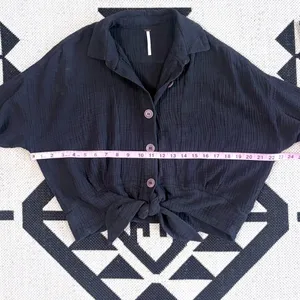 Free People Sunstreaks Tie Front Button Down Blouse in Black XS thumbnail 5