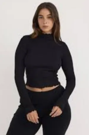 Altar'd State black ribbed turtleneck top with lettuce trim thumbnail 1