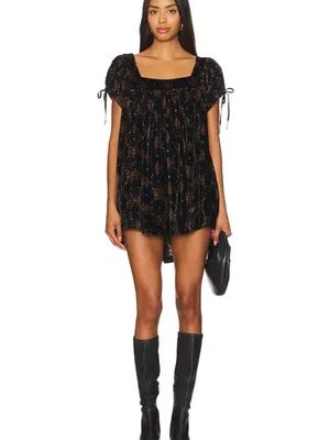 Free People We The Free Black Velvet Floral Babydoll Mini Puff Sleeve Boho Dress thumbnail 6