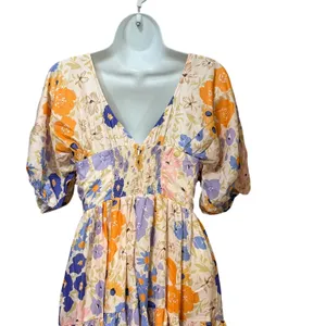 JardinVue Floral Tiered‎ Maxi Dress Orange Purple Puff Sleeve V-Neck Small NWT thumbnail 6