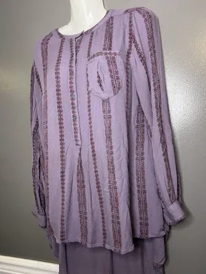 Free People Blouse Womens Medium Purple Striped Henley Long Sleeve Tunic Top thumbnail 6