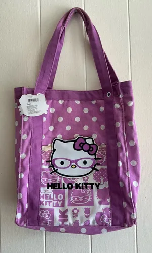 Rare Vintage Sanrio 2010 Hello Kitty Cotton purple nerd Large Tote Handbag Bag thumbnail 1