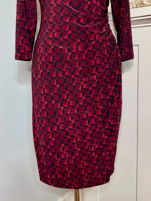 Lauren Ralph Lauren Faux Wrap Sheath Dress Burgundy Black Geometric Ruched Sz 6 thumbnail 4