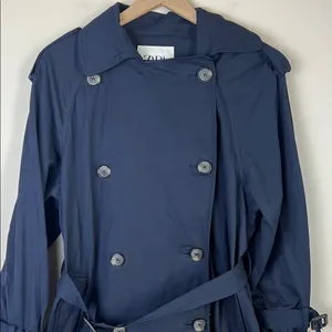 Zara Belted Trench Coat Double Breasted Long Navy Blue Size‎ Small thumbnail 2