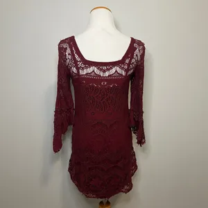 Free People Lace Mini Dress Small Burgundy Boho Bell‎ Sleeve Festival Wedding thumbnail 5