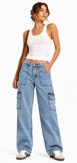 On The Way Blue Wide Leg Cargo Jeans Womens M Casual Denim thumbnail 1
