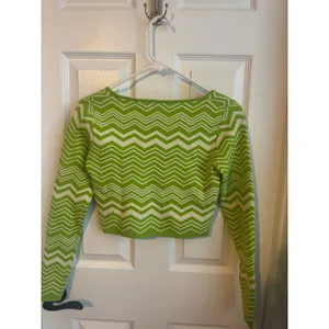Stradivarius Top Green Chevron Cropped Long Sleeve Square Neck XS Fitted‎ thumbnail 7