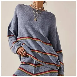 Free People Beach Mariner Knit Sweater Pants Matching Set XS Blue Striped Lounge thumbnail 2