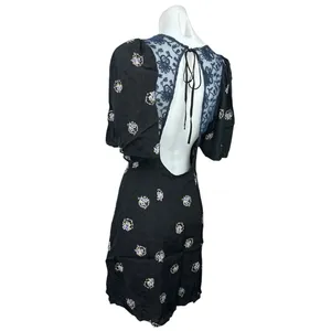 Free People Mockingbird Black Floral Deep V-Neck Open-Back Lace Mini Dress Sz 2 thumbnail 7
